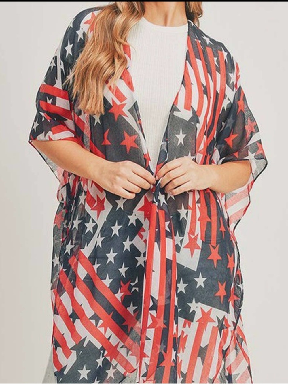 0275. Sheer Stars & Stripes Kimono - Red, White & Navy